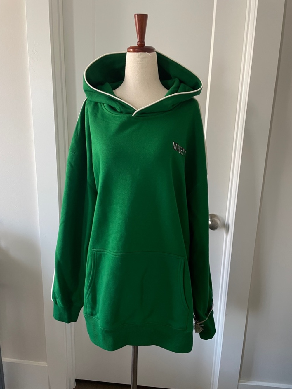 Alice + Olivia Emerald Green Hooded Sweatshirt with White Trim.